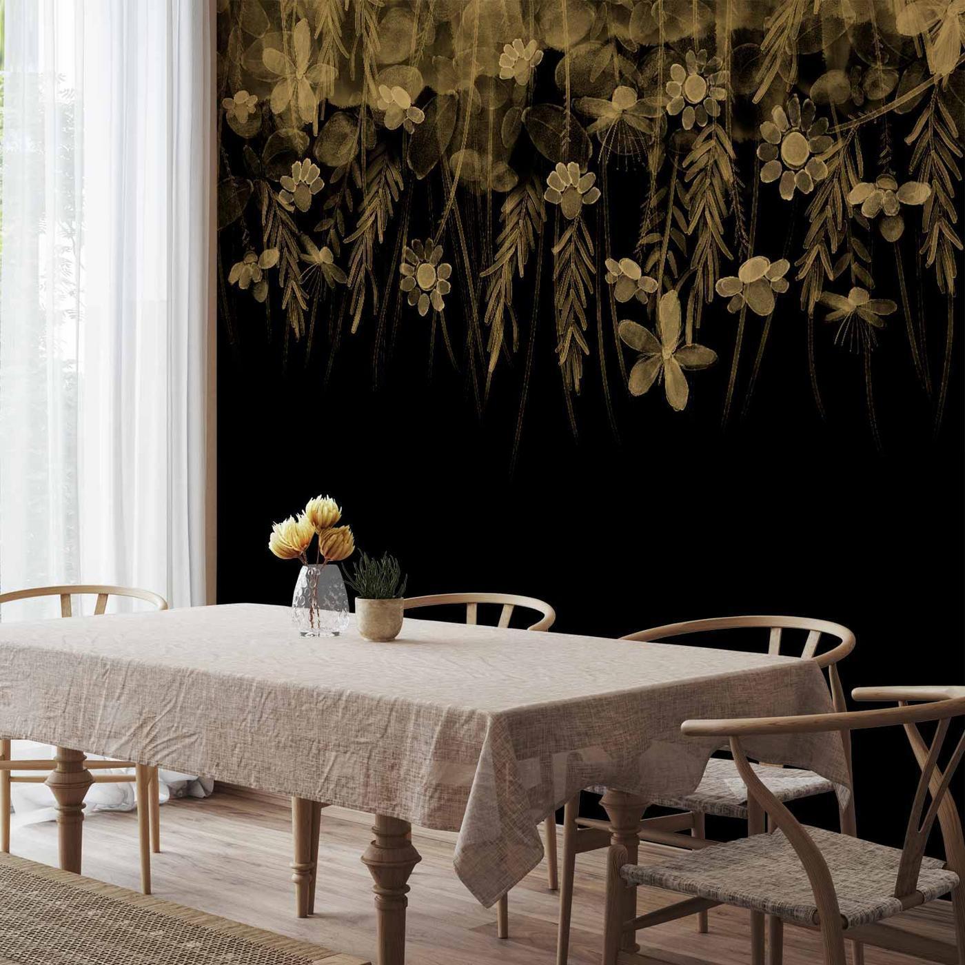 Fotobehang - Nature landscape - black abstract nature motif with flowers in sepia