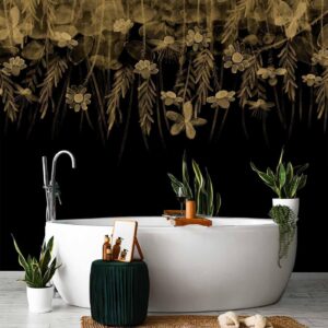 Fotobehang - Nature landscape - black abstract nature motif with flowers in sepia