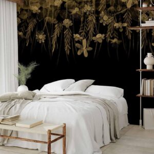 Fotobehang - Nature landscape - black abstract nature motif with flowers in sepia