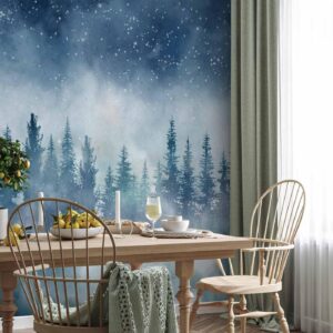 Fotobehang - Night landscape - landscape of a misty forest at night with a starry sky