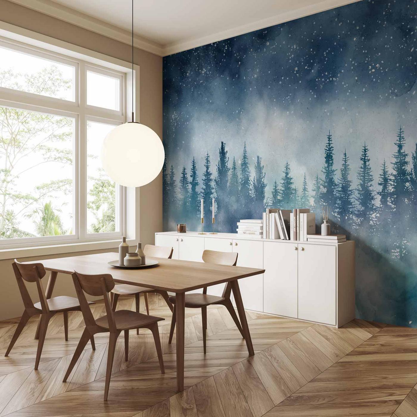 Fotobehang - Night landscape - landscape of a misty forest at night with a starry sky