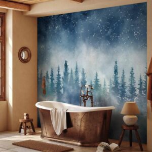 Fotobehang - Night landscape - landscape of a misty forest at night with a starry sky