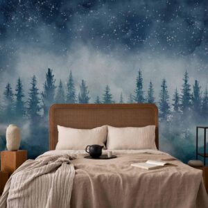 Fotobehang - Night landscape - landscape of a misty forest at night with a starry sky