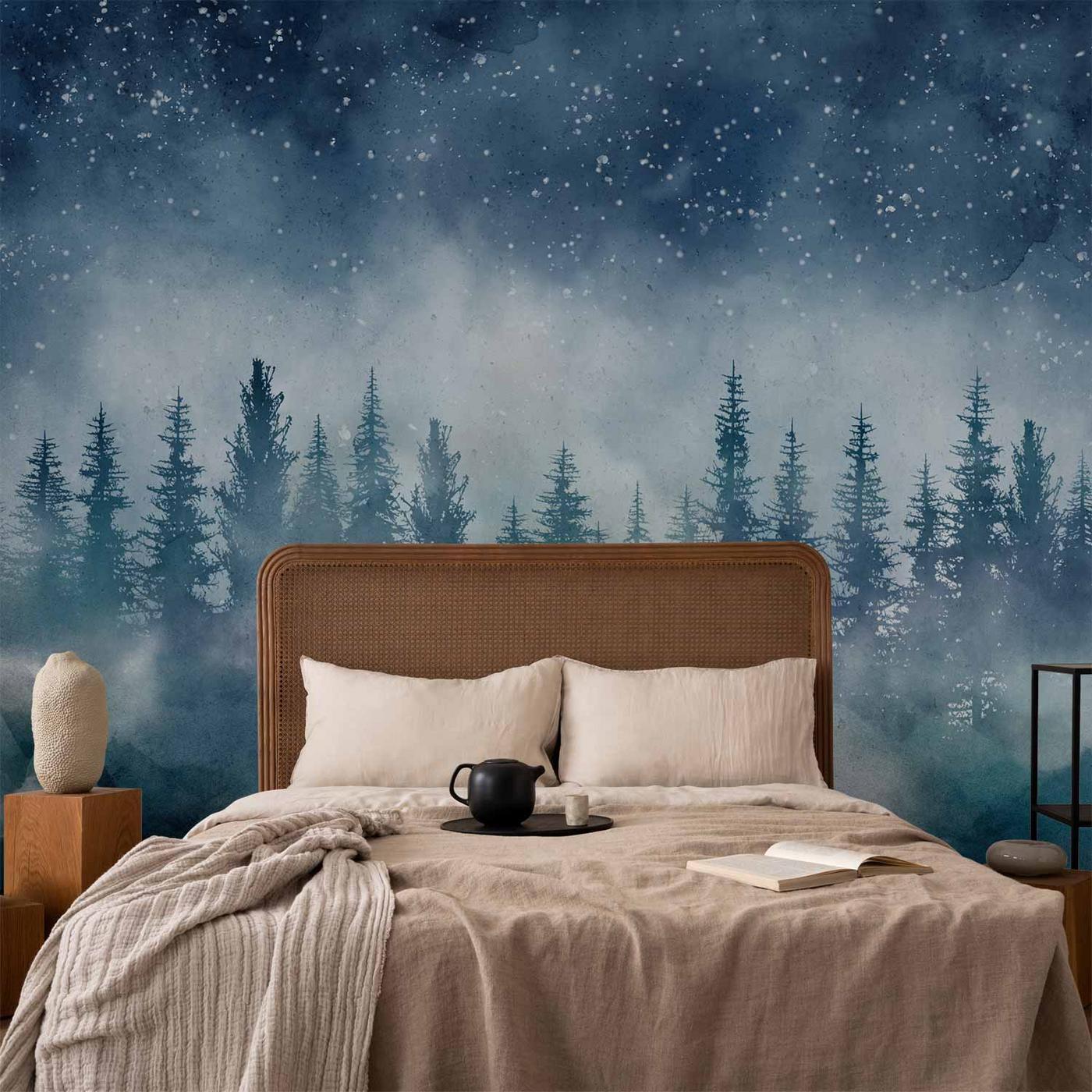 Fotobehang - Night landscape - landscape of a misty forest at night with a starry sky