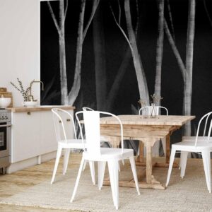 Fotobehang - Noise of the forest at night - minimalist landscape of white trees on a black background