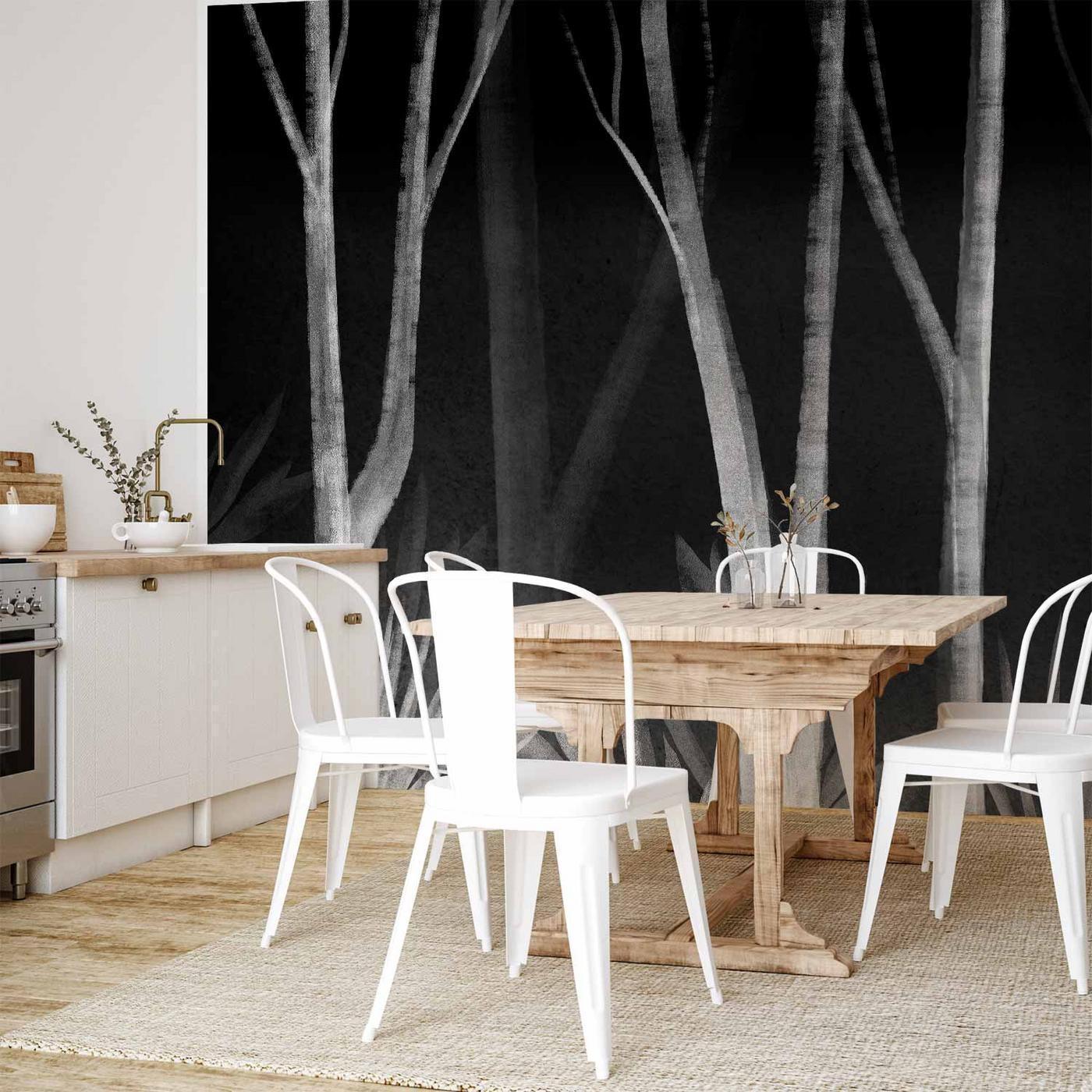 Fotobehang - Noise of the forest at night - minimalist landscape of white trees on a black background