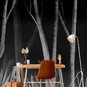 Fotobehang - Noise of the forest at night - minimalist landscape of white trees on a black background