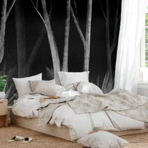 Fotobehang - Noise of the forest at night - minimalist landscape of white trees on a black background