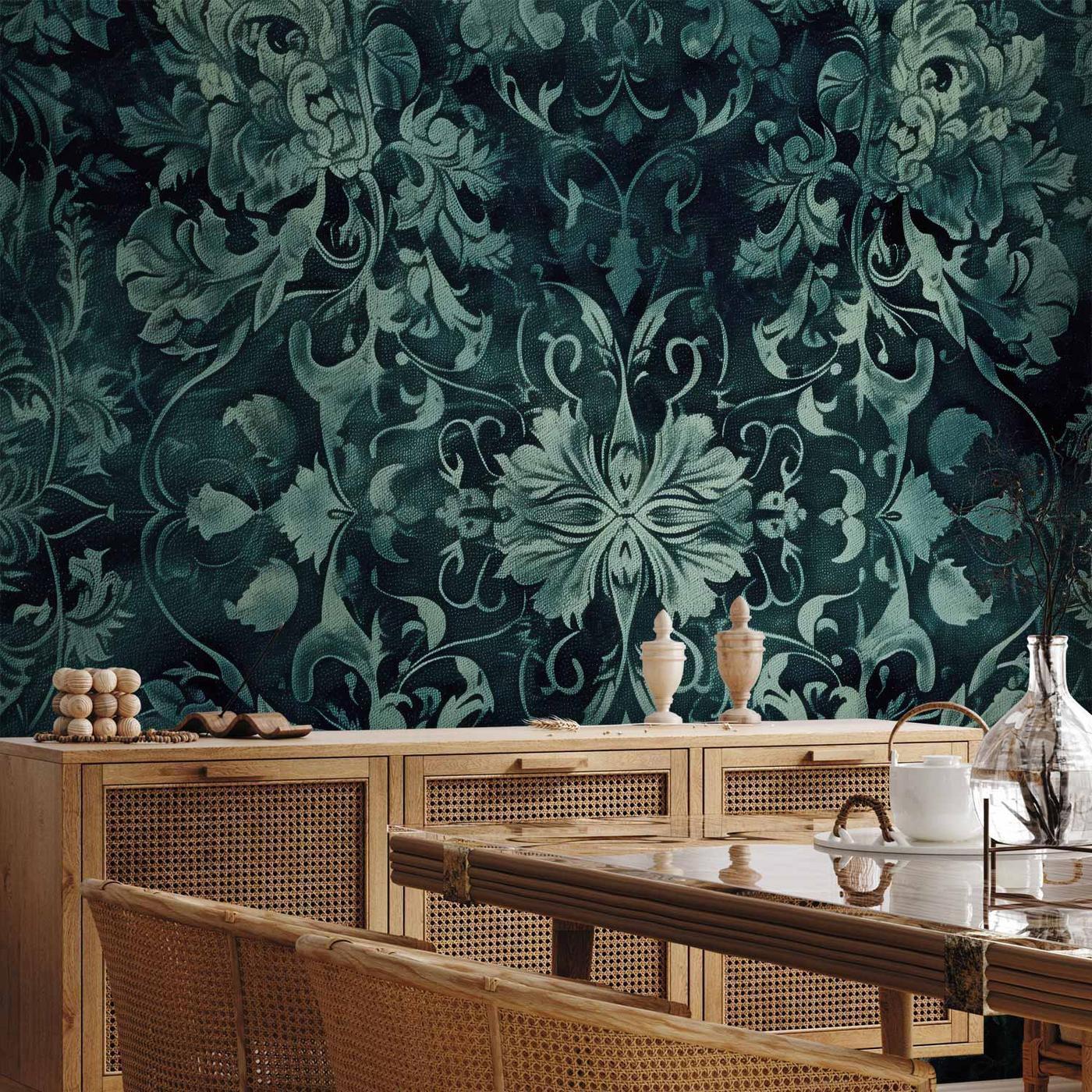 Fotobehang - Oriental Pattern Carpet: Emerald Ornaments and Worn Patterns