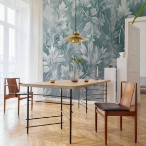 Fotobehang - Ornaments in Worn Muted Turquoises: Delicate Plant Pattern