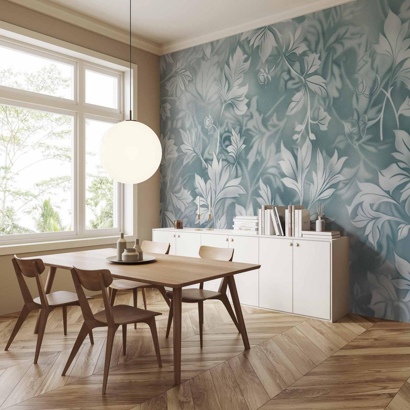 Fotobehang - Ornaments in Worn Muted Turquoises: Delicate Plant Pattern