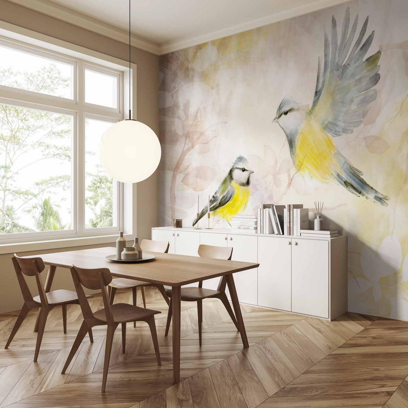 Fotobehang - Painted tits - bird motif with patterns in yellow and beige tones