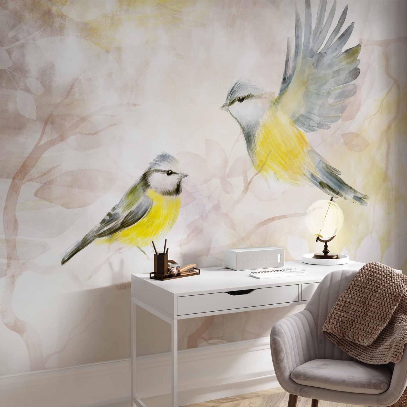 Fotobehang - Painted tits - bird motif with patterns in yellow and beige tones