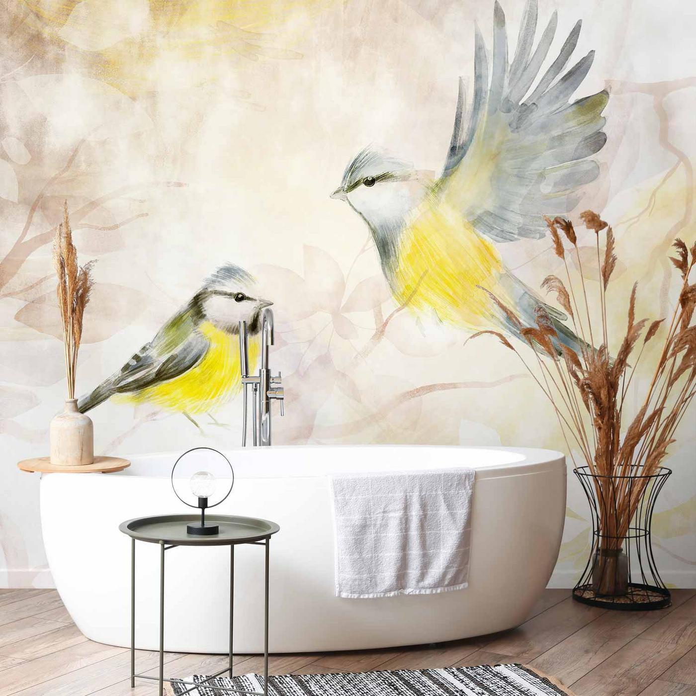Fotobehang - Painted tits - bird motif with patterns in yellow and beige tones