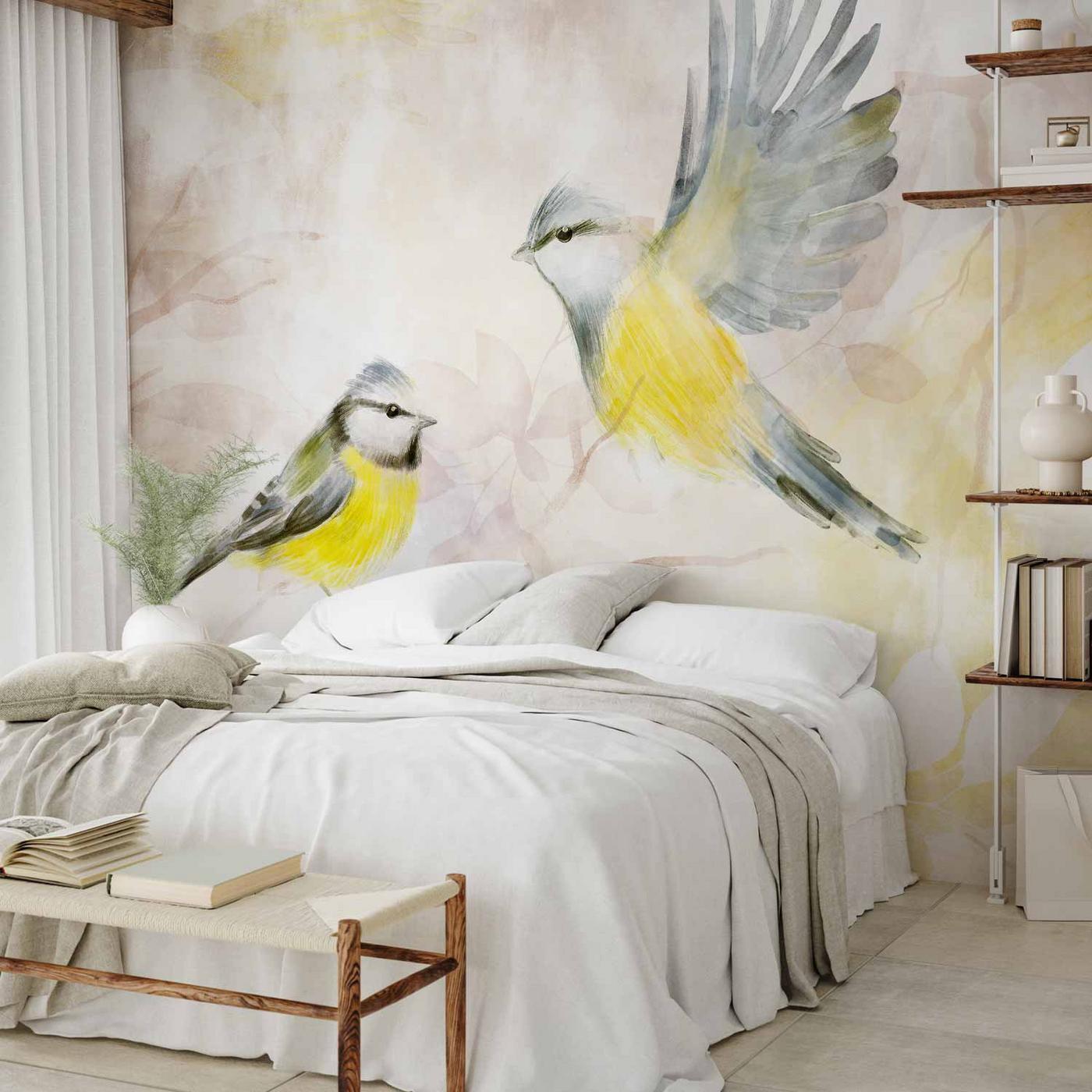 Fotobehang - Painted tits - bird motif with patterns in yellow and beige tones