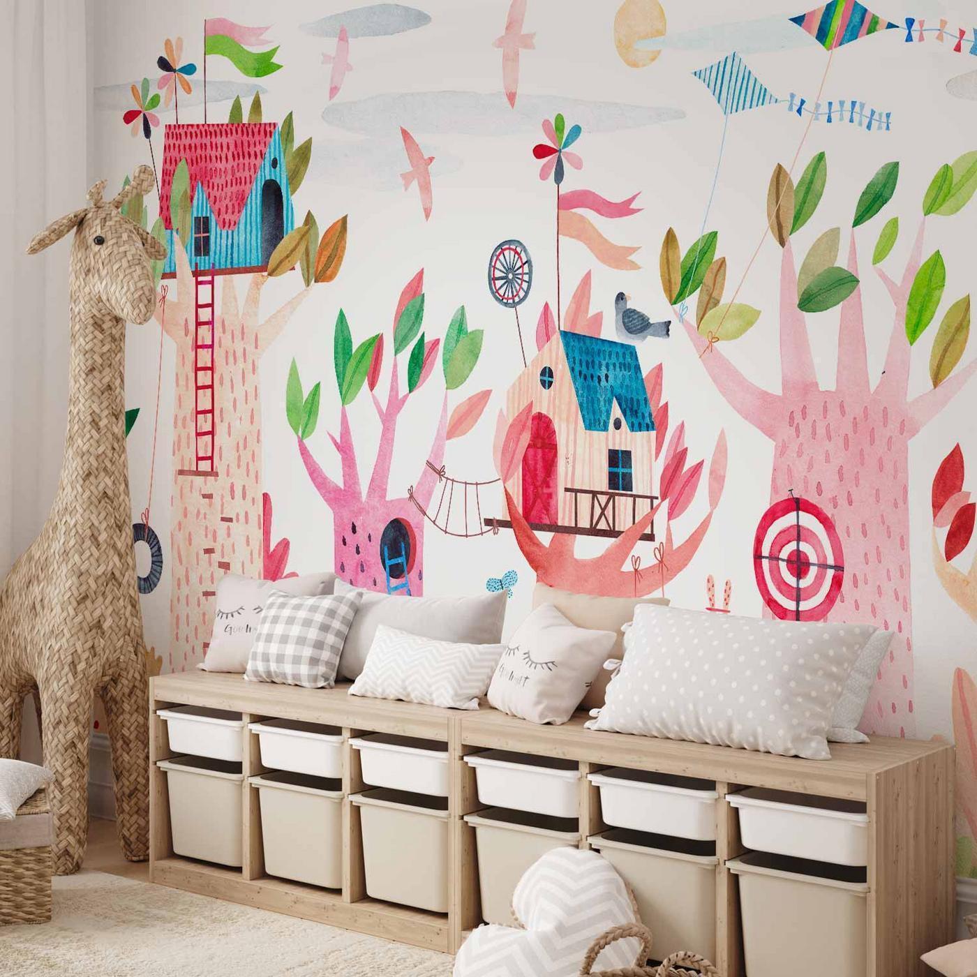 Fotobehang - Painted tree houses - a colourful fantasy with kites for children