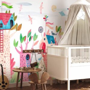 Fotobehang - Painted tree houses - a colourful fantasy with kites for children