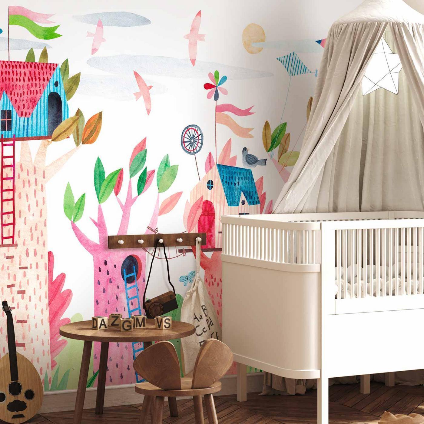 Fotobehang - Painted tree houses - a colourful fantasy with kites for children