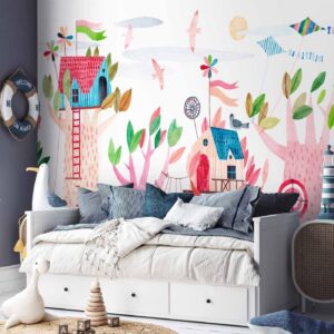 Fotobehang - Painted tree houses - a colourful fantasy with kites for children