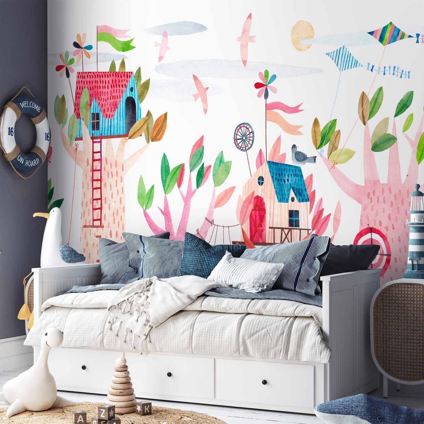 Fotobehang - Painted tree houses - a colourful fantasy with kites for children