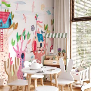 Fotobehang - Painted tree houses - a colourful fantasy with kites for children
