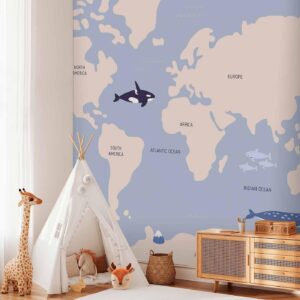 Fotobehang - Pastel Planet - Animals and Underwater Plants on a Map