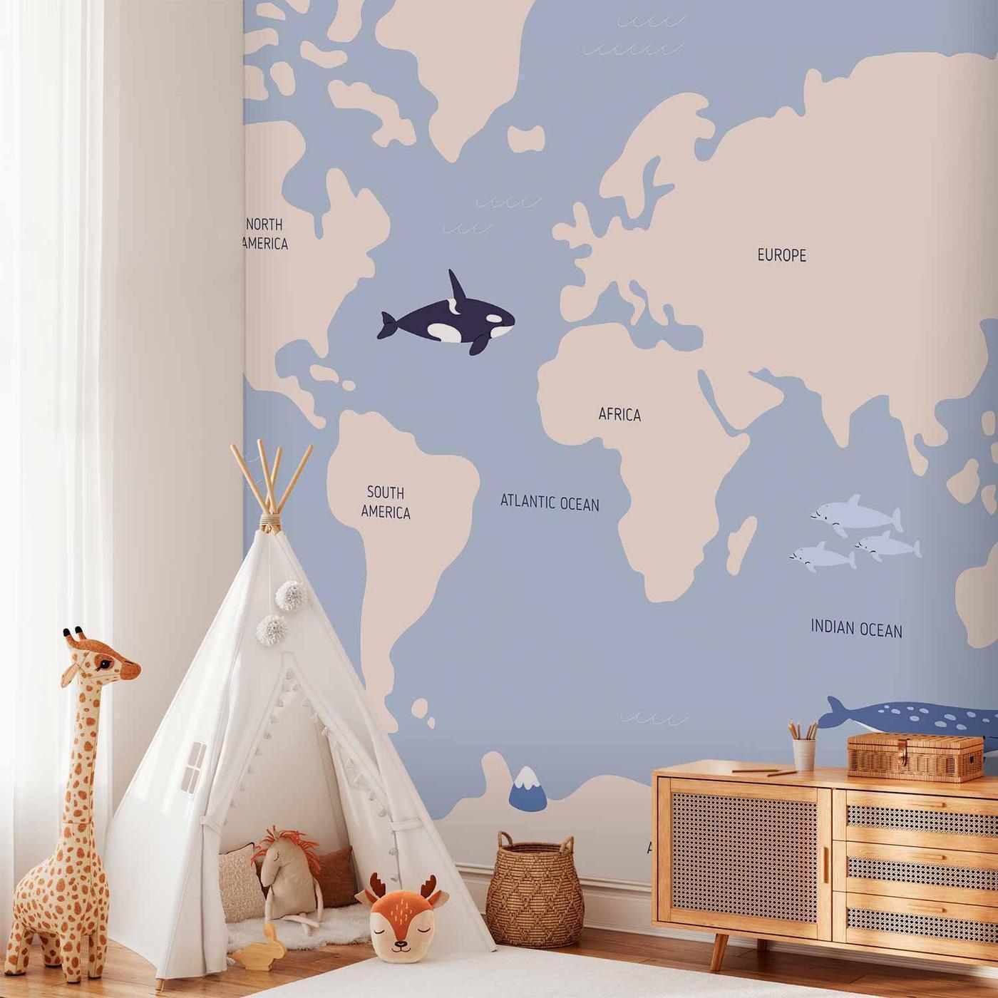 Fotobehang - Pastel Planet - Animals and Underwater Plants on a Map