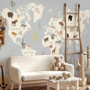 Fotobehang - Pastel Planet - Animals and Underwater Plants on a Map