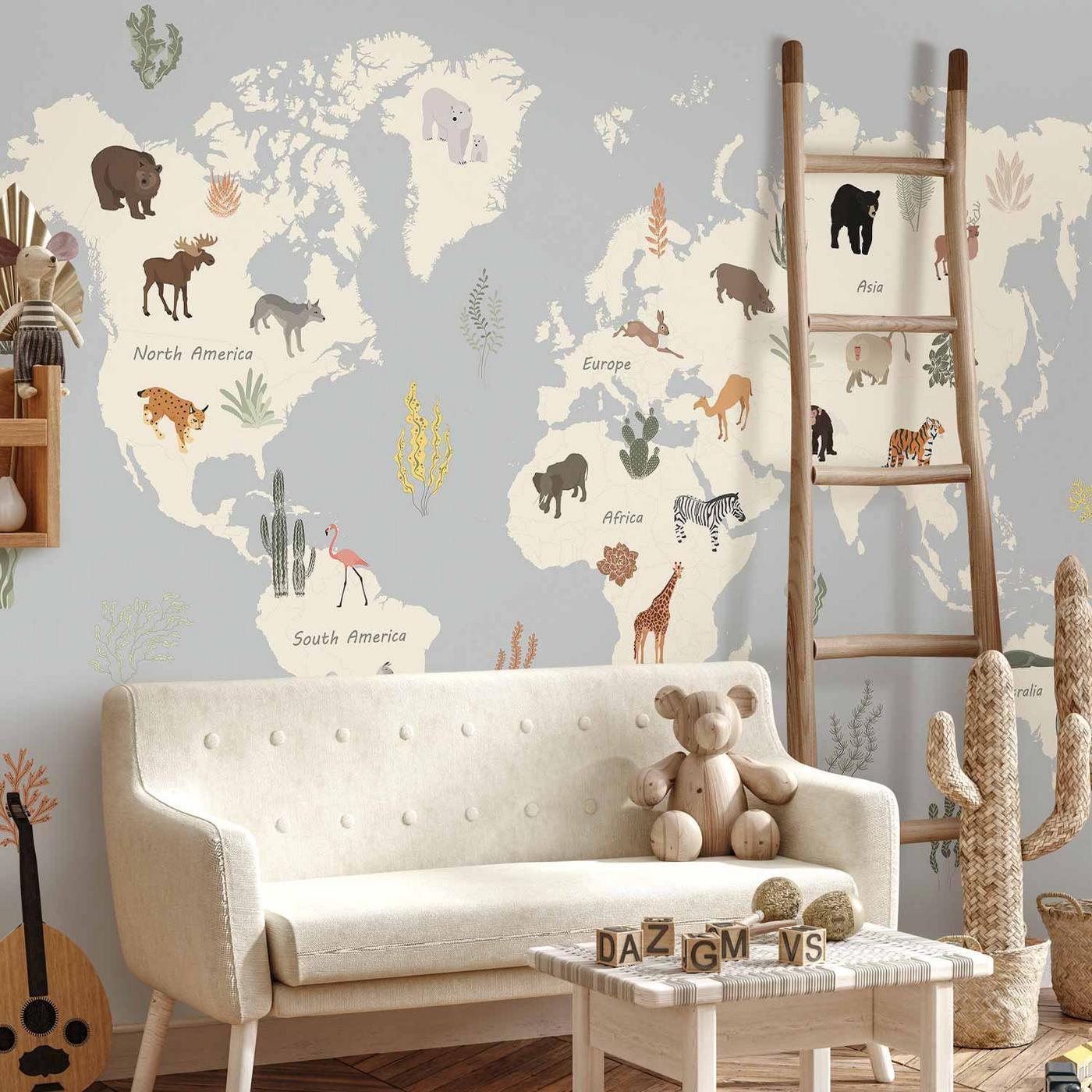 Fotobehang - Pastel Planet - Animals and Underwater Plants on a Map