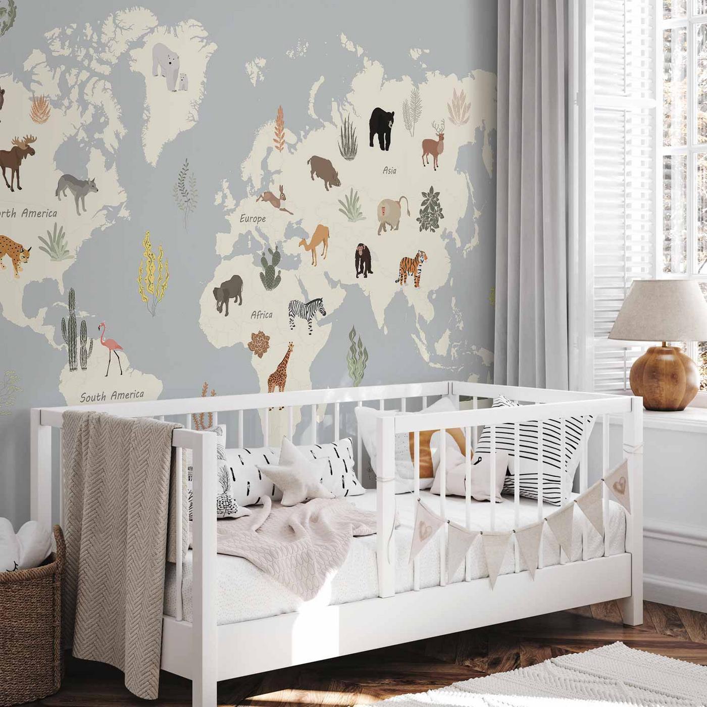 Fotobehang - Pastel Planet - Animals and Underwater Plants on a Map