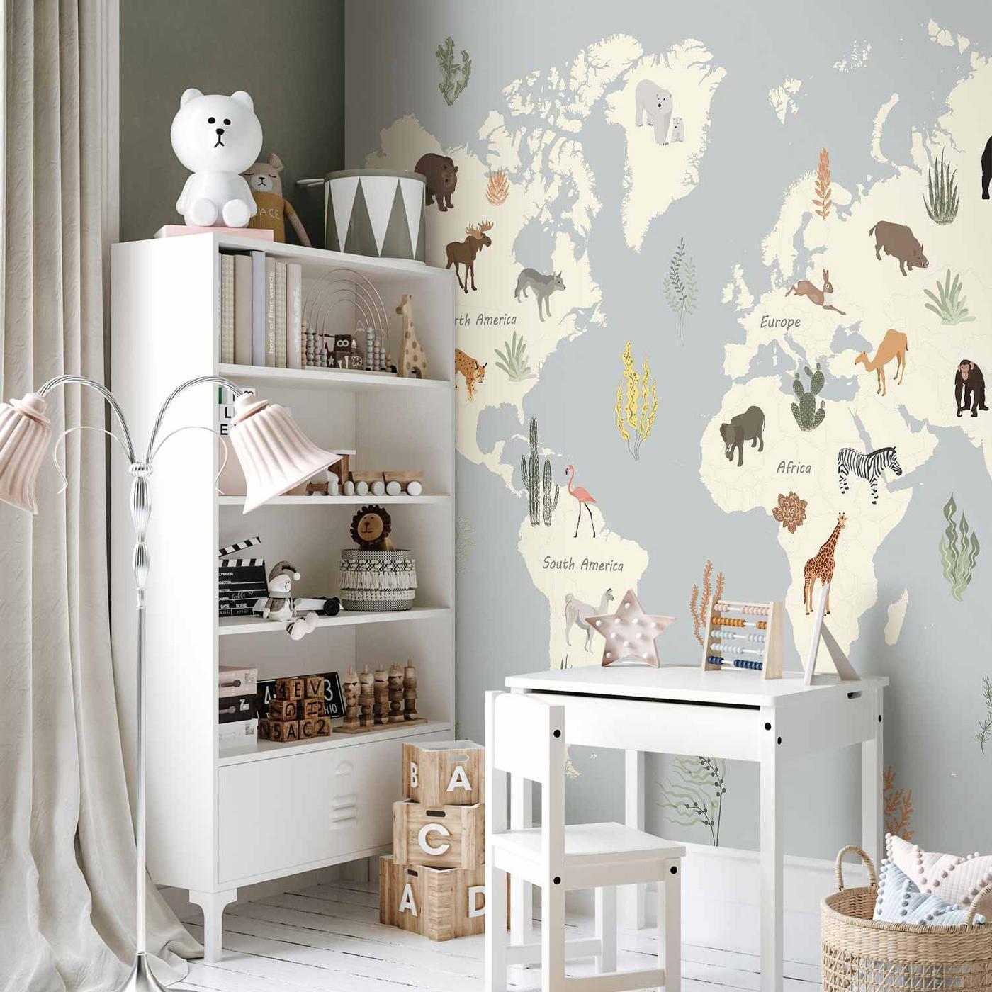 Fotobehang - Pastel Planet - Animals and Underwater Plants on a Map