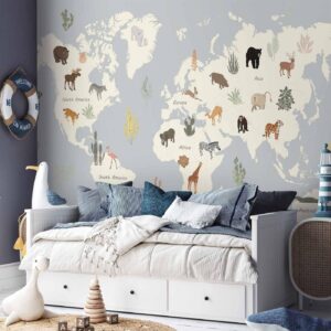 Fotobehang - Pastel Planet - Animals and Underwater Plants on a Map