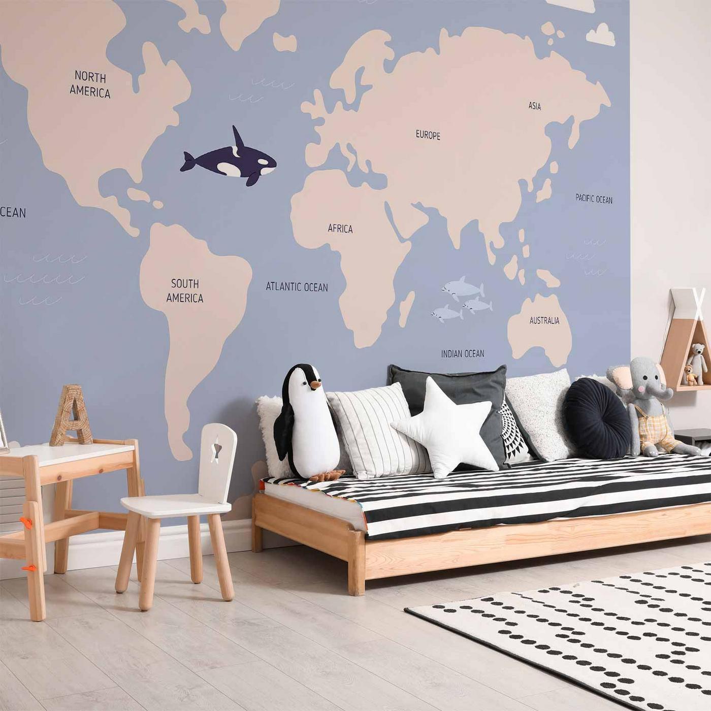 Fotobehang - Pastel Planet - Animals and Underwater Plants on a Map