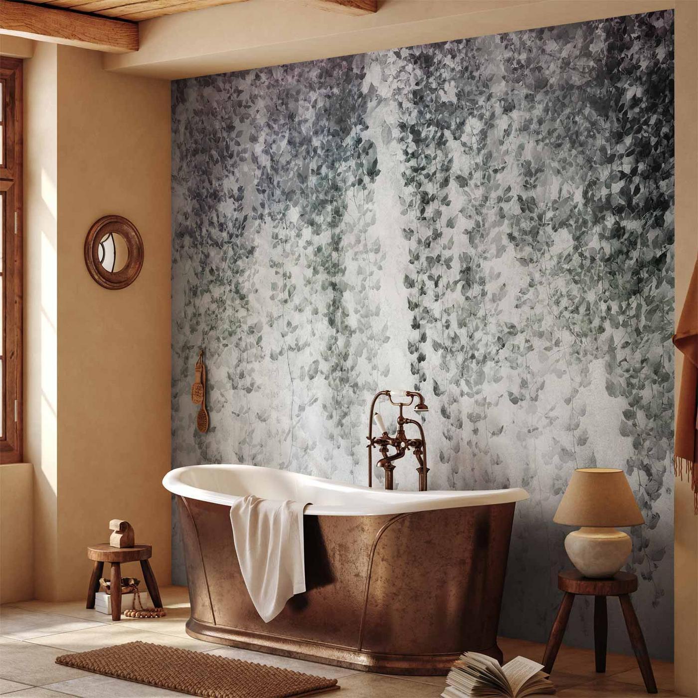 Fotobehang - Peaceful oasis - landscape of hanging black leaf vines on a grey background