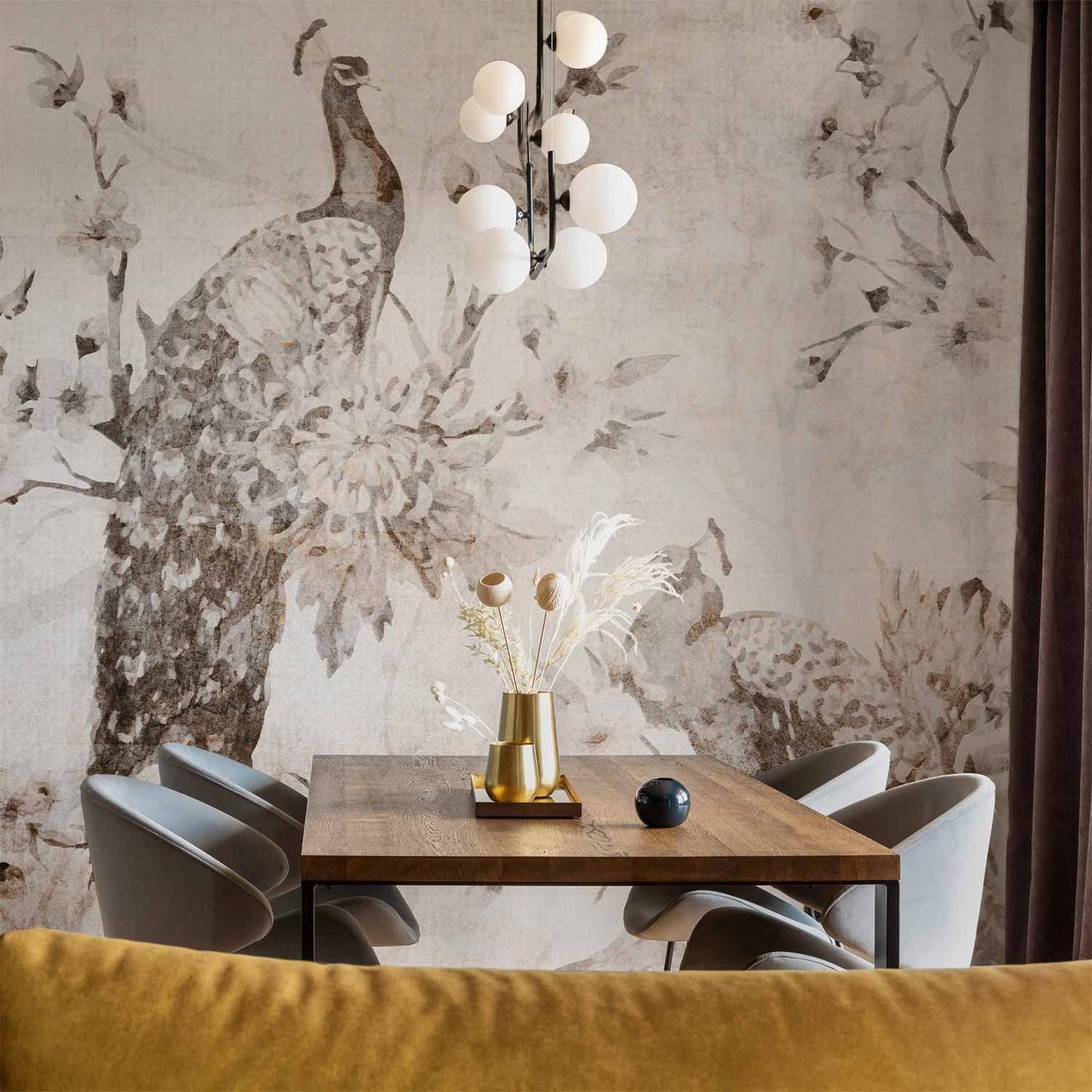 Fotobehang - Peacocks in Delicate Beige