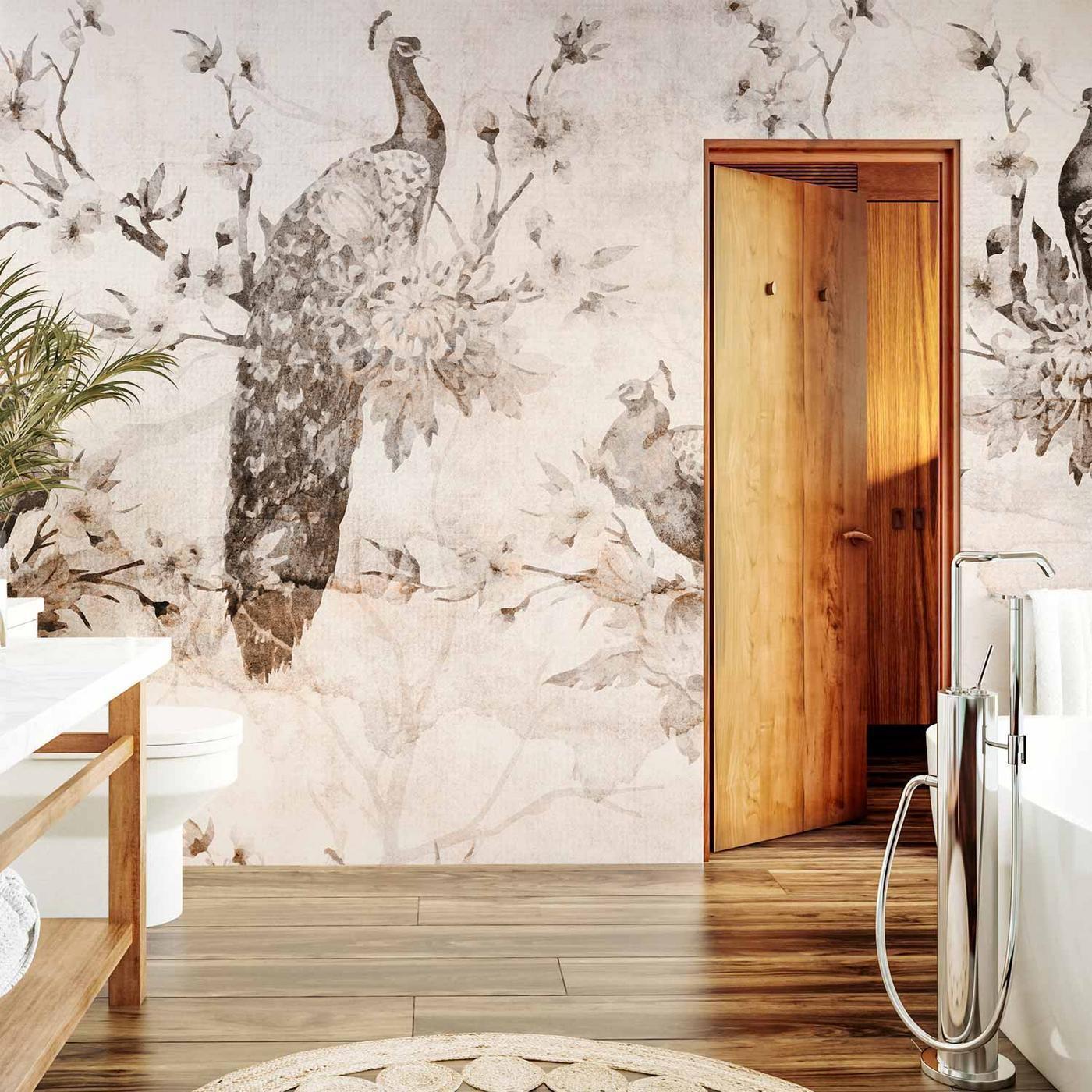 Fotobehang - Peacocks in Delicate Beige