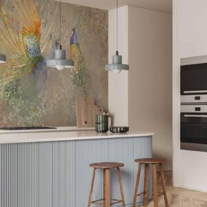 Fotobehang - Peacocks in dance - bird motif among an abstract pattern with ornaments