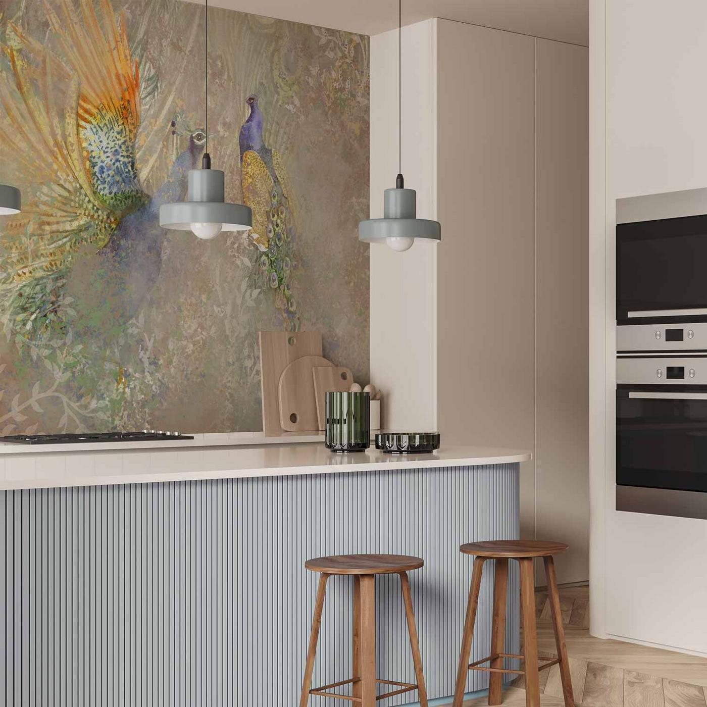 Fotobehang - Peacocks in dance - bird motif among an abstract pattern with ornaments