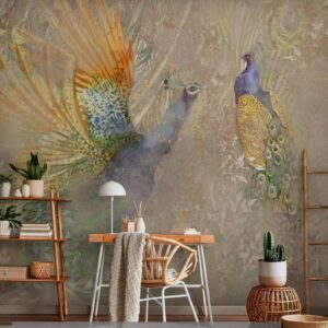 Fotobehang - Peacocks in dance - bird motif among an abstract pattern with ornaments