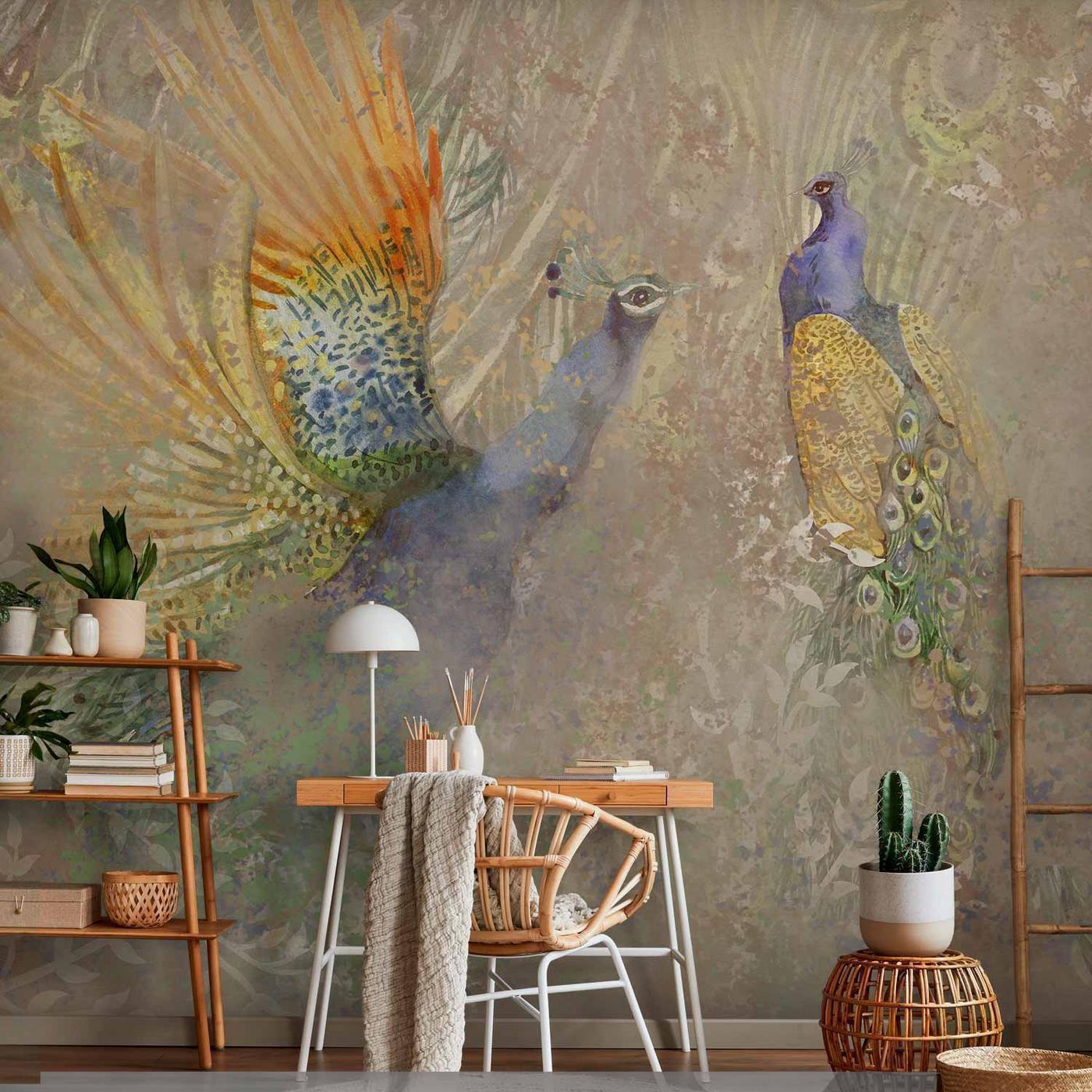 Fotobehang - Peacocks in dance - bird motif among an abstract pattern with ornaments