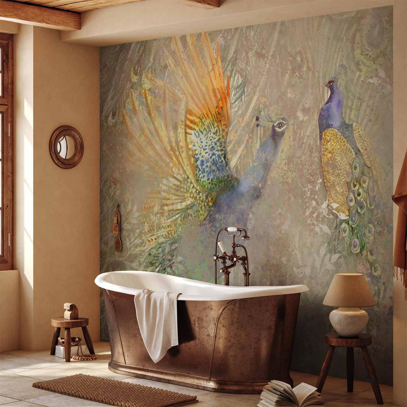Fotobehang - Peacocks in dance - bird motif among an abstract pattern with ornaments