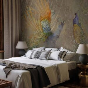 Fotobehang - Peacocks in dance - bird motif among an abstract pattern with ornaments