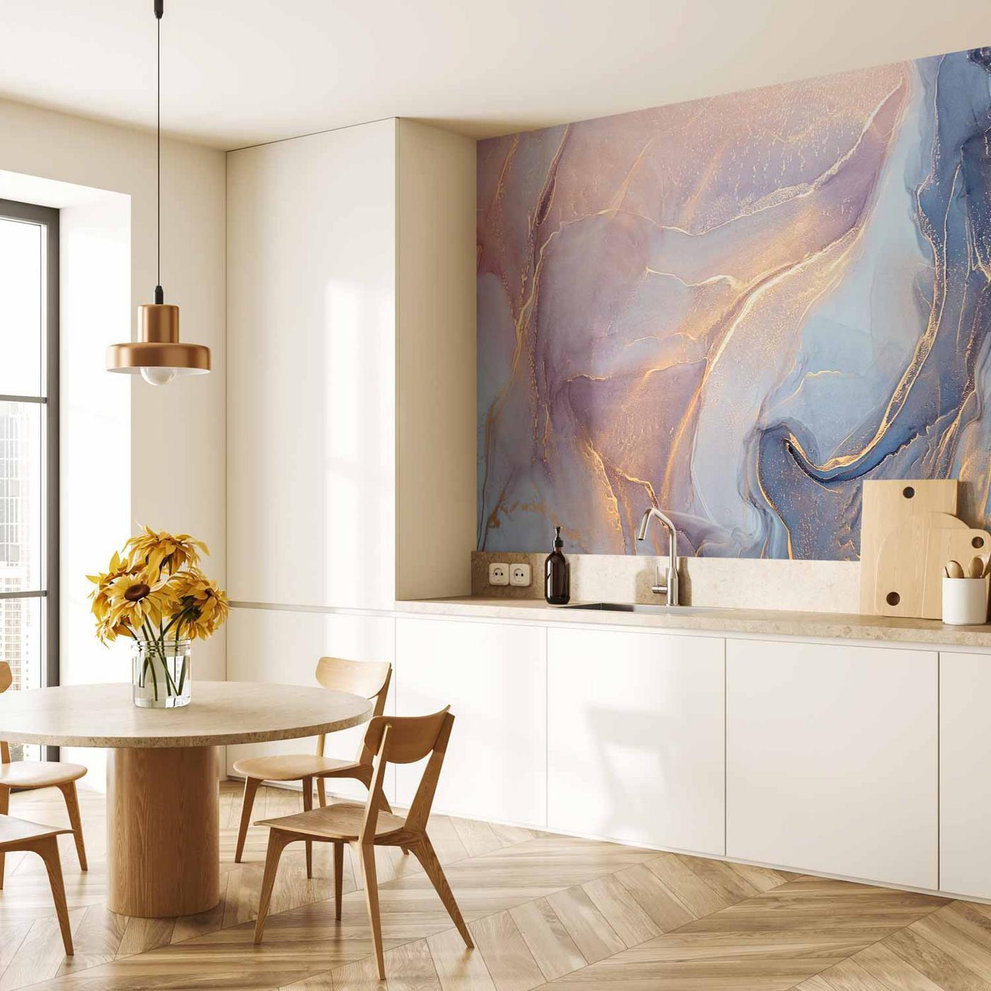 Fotobehang - Pink and Blue Marble - Abstract Watercolour With Gold Accent