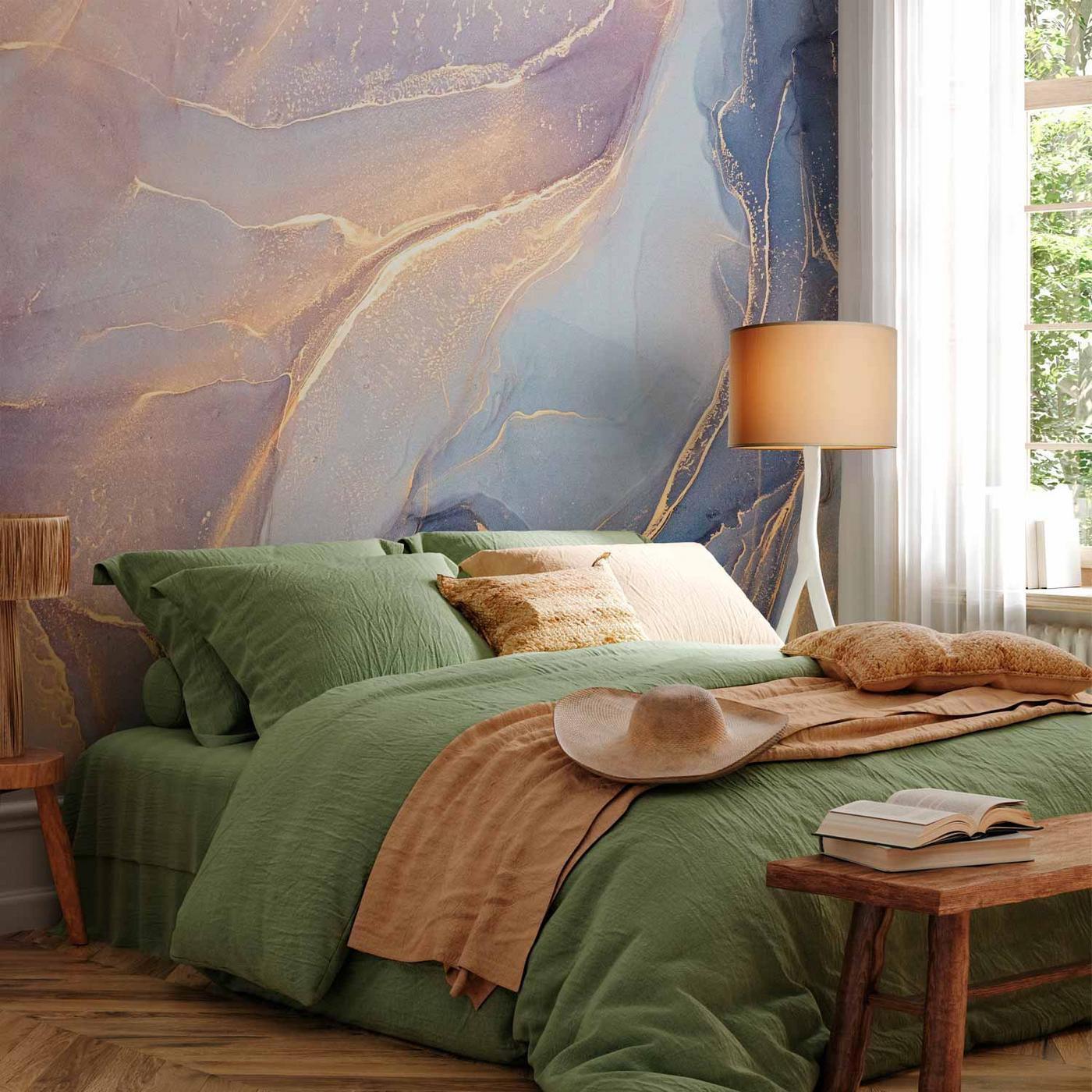 Fotobehang - Pink and Blue Marble - Abstract Watercolour With Gold Accent