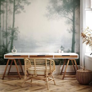 Fotobehang - Retro Landscape - Grove Trees and Pond in Patinated Shades of Green