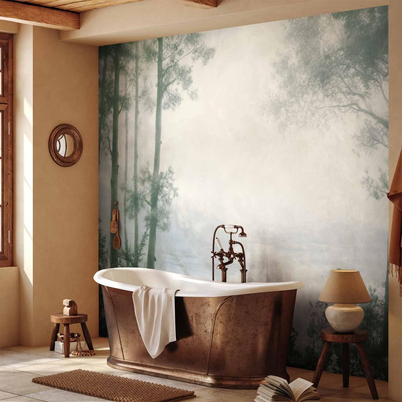 Fotobehang - Retro Landscape - Grove Trees and Pond in Patinated Shades of Green