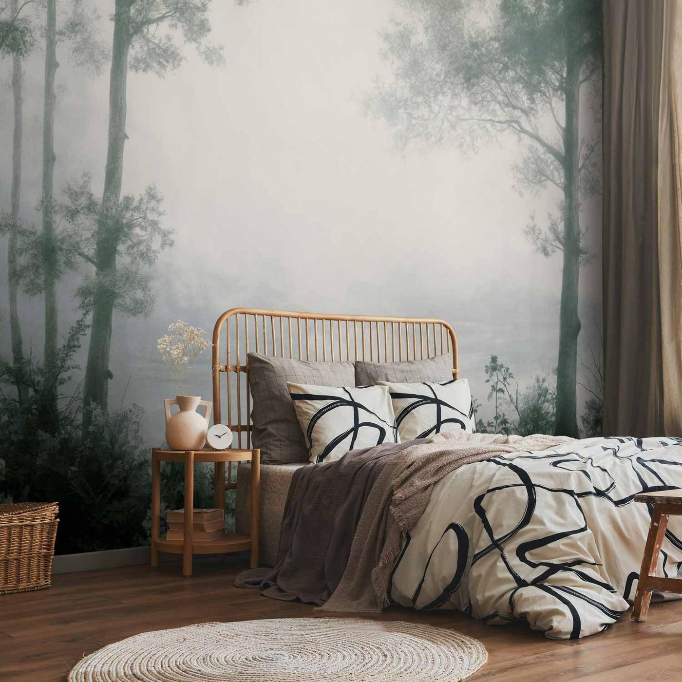 Fotobehang - Retro Landscape - Grove Trees and Pond in Patinated Shades of Green