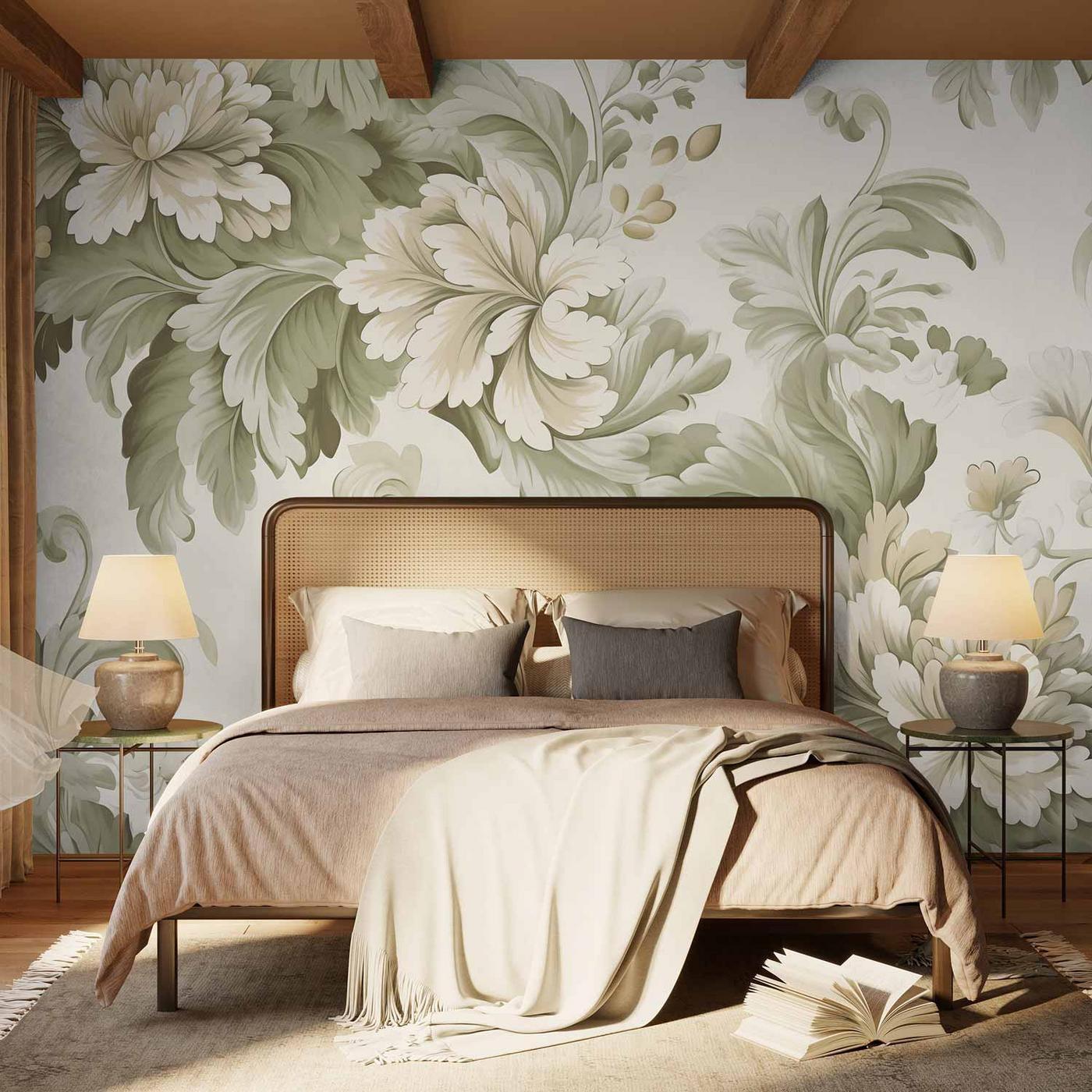 Fotobehang - Retro Vintage Flowers in Delicate Cream and Green Colors