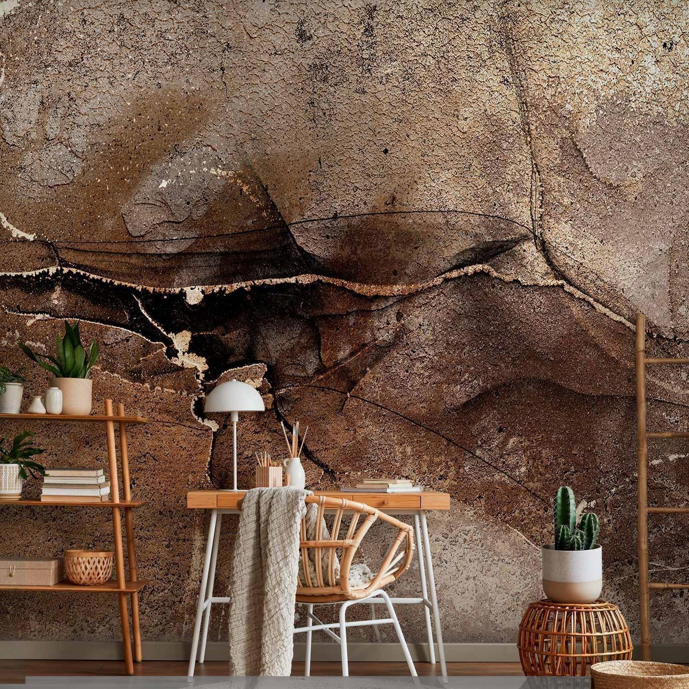 Fotobehang - Rock abstraction - brown and beige pattern in the style of cracked stone