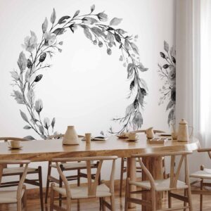 Fotobehang - Romantic wreath - grey plant motif with leaves with rose pattern